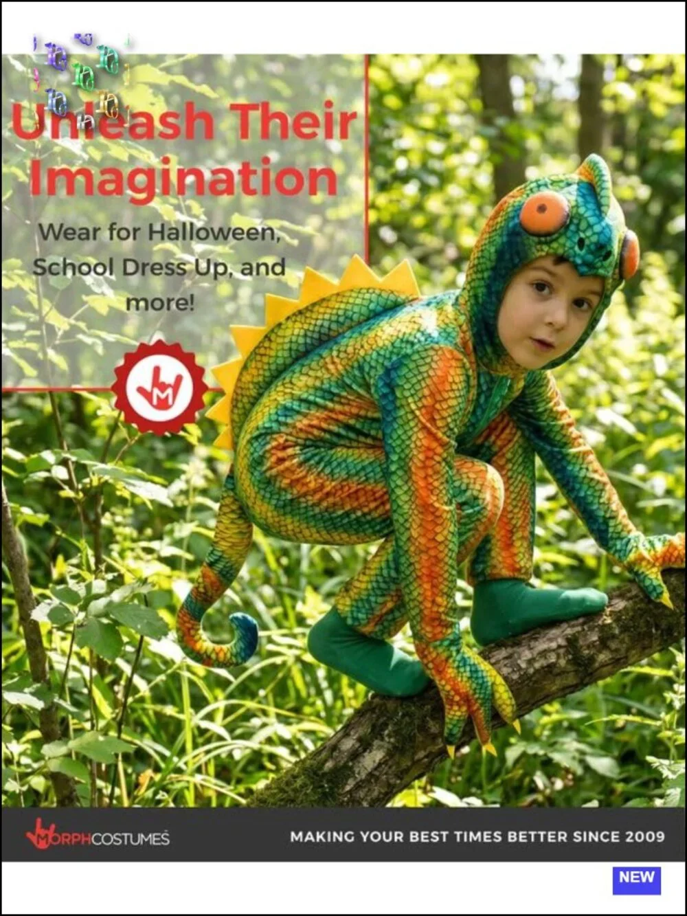 Kids Rainbow Chameleon Costume Set Jumpsuit Hood Spikes Tail Halloween Dress-Up